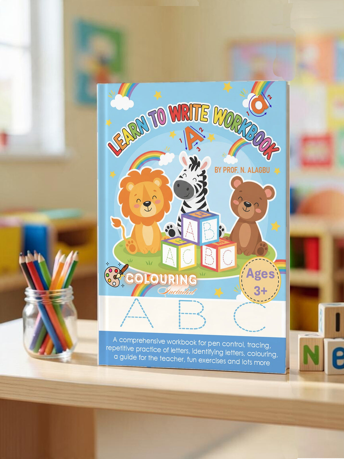 The Learn to Write Workbook standing on a classroom shelf