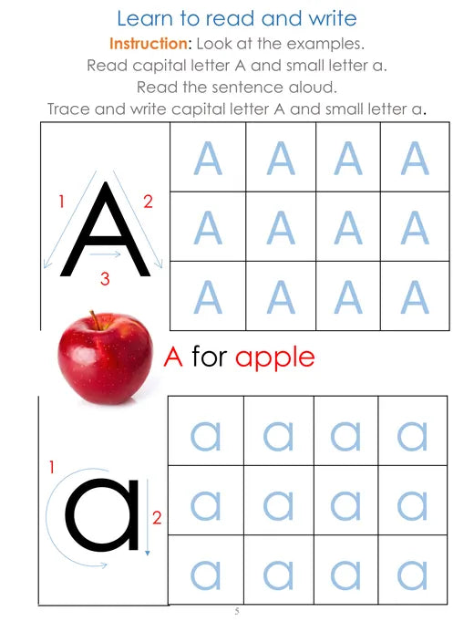 Letter A page with numbered stroke arrows and an apple picture