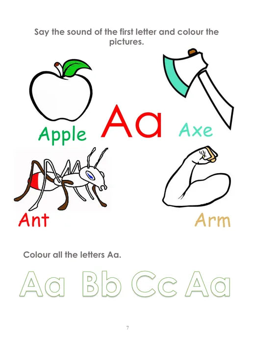 Say the sound and colour page with apple, axe, ant and arm
